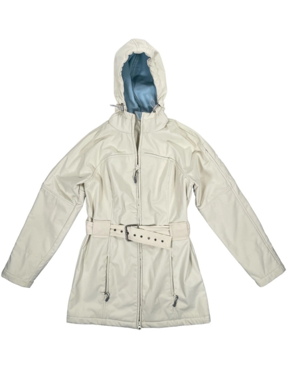 Athleta Cream Hooded Belted Trench Coat size Small Design on back